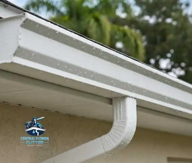 "White 6-inch seamless aluminum gutter and downspout with water droplets after a Florida rain shower."