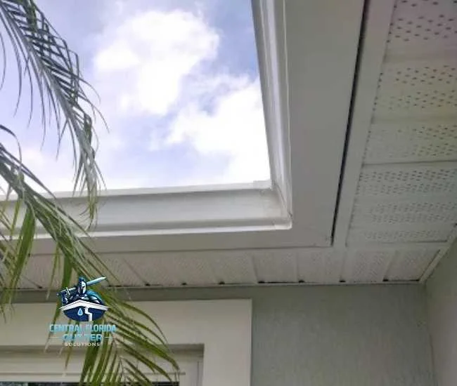 White seamless aluminum gutter system installed along roof edge with vented soffit panels on a Florida home exterior