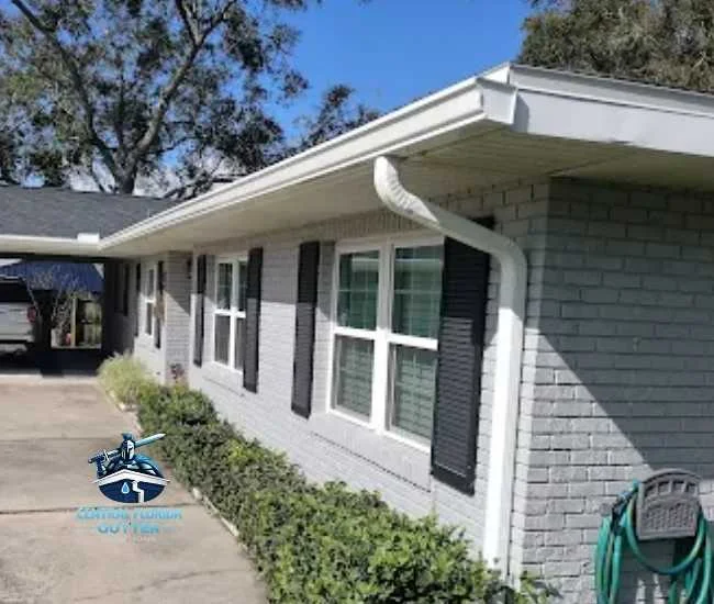 A corner view of newly installed white gutters and a curved downspout on a light gray brick house with black shutters.