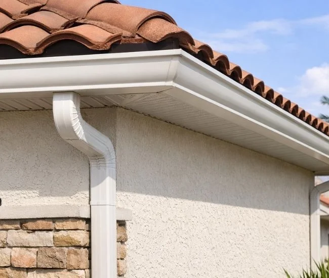 Seamless aluminum gutters installed on a tile roof home in Lakeland, Florida, showing properly sized 7 inch aluminum system aligned beneath extended roof tiles with hidden hanger support.