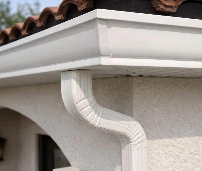 Close up image of aluminum gutters fabricated on site in Polk County, displaying clean fascia alignment, sealed end caps, and correctly pitched run toward a rectangular downspout.