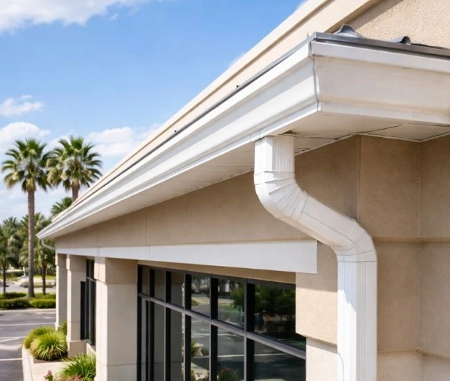 White commercial aluminum gutter and downspout installed on a beige stucco office building in Central Florida.