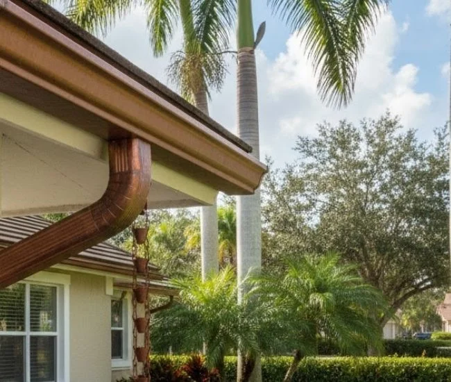 Aging copper gutter system displaying natural brown and bronze patina tones on a Central Florida residence, demonstrating long-term durability, smooth water flow design, and seamless integration with the home’s exterior features.