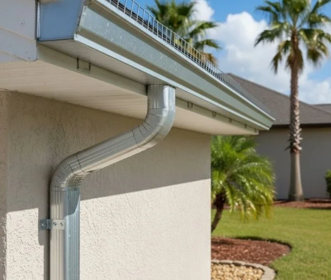 Close-up of a galvalume gutter system on a Florida home, showing the distinct metallic finish, corrugated downspout, and mesh leaf guard installed along the roofline.