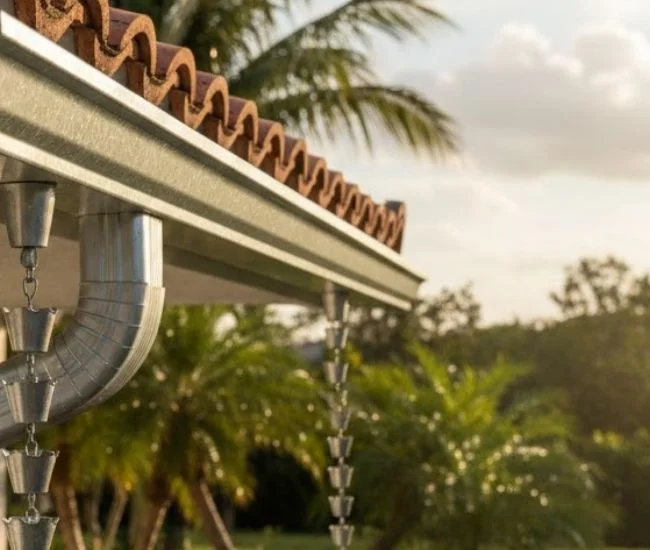 A low-angle, medium shot of a modern, residential Galvalume gutter system installed on a Florida-style home. The silver, metallic-finished gutter runs along a white fascia board beneath a terracotta barrel tile roof. A matching corrugated metal downpipe extends from the gutter, while two decorative metal rain chains hang nearby, catching the warm afternoon sunlight. The background features a classic Central Florida landscape with a lush green lawn, palm trees, and tropical landscaping under a clear, bright sky.
