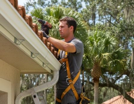 Sagging aluminum gutter being repaired on a home in Central Florida with adjusted pitch and reinforced brackets