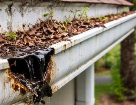 A close-up shot of a white metal gutter overflowing with dark, stagnant water and decomposing organic matter. Small green weeds have begun to sprout from the thick layer of wet leaves and debris packed inside. Water is seen spilling over the front edge of the gutter, which shows signs of rust and brown staining. The background is softly blurred, showing a hints of a green yard and trees.