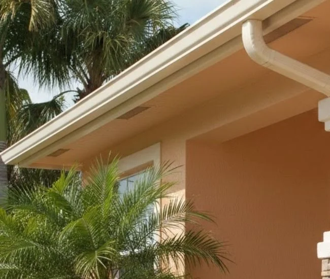 A realistic, eye-level photograph of a modern Florida home featuring an off-white seamless aluminum gutter and downspout system. The house has a stucco exterior in a warm peach tone, accented by decorative stone masonry on a pillar.