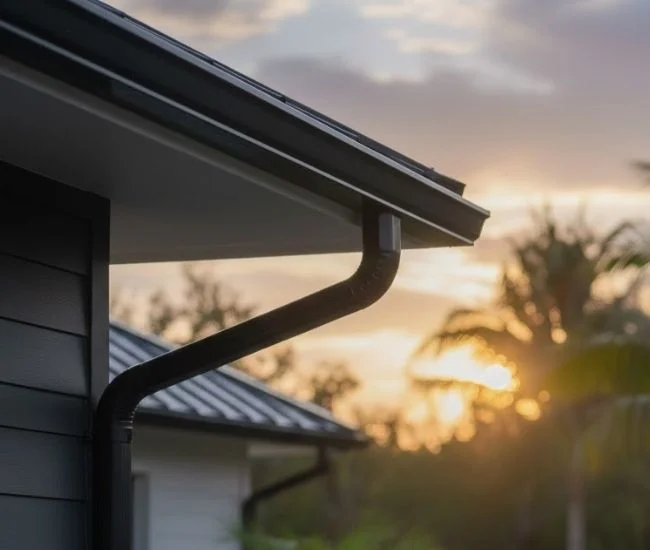 A close-up, high-angle shot of a dark bronze seamless aluminum gutter installed on a modern home in Central Florida at sunset. The image highlights the clean, joint-free horizontal run of the gutter along a grey siding wall and a metal roof. A matching downspout curves elegantly toward a large potted tropical plant. The background features a soft-focus sunset glow through palm trees and lush green foliage.